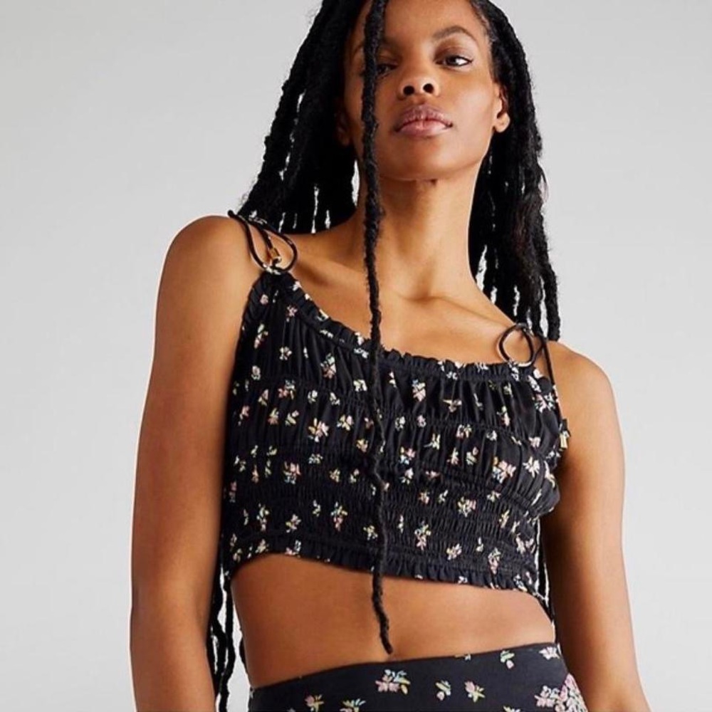 Free People Black Floral Cropped Ruched Should Tie Crop Tank